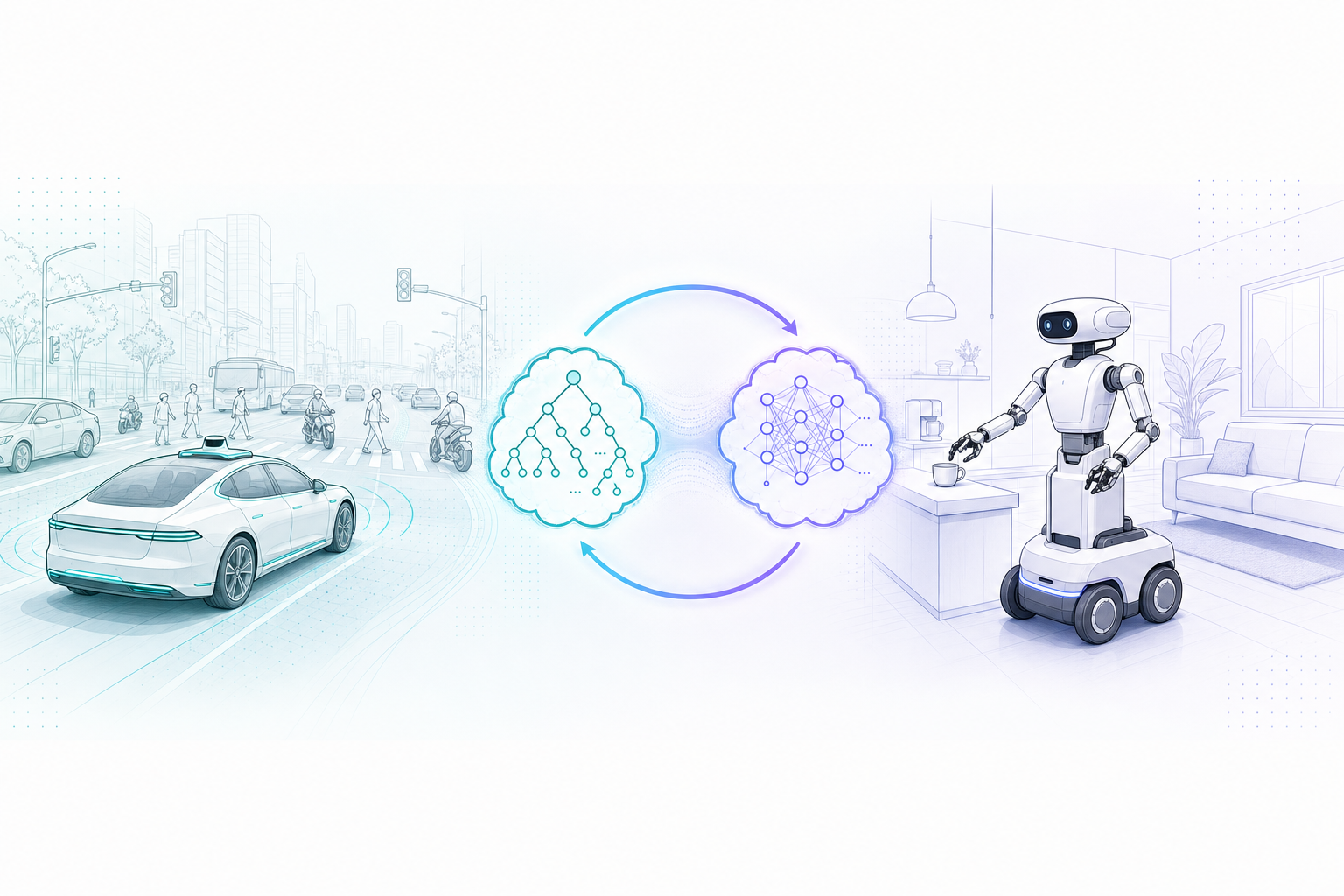 Robotics from autonomous driving in dense traffic to home-service mobile manipulation, bridged by a closed loop of planning and learning.